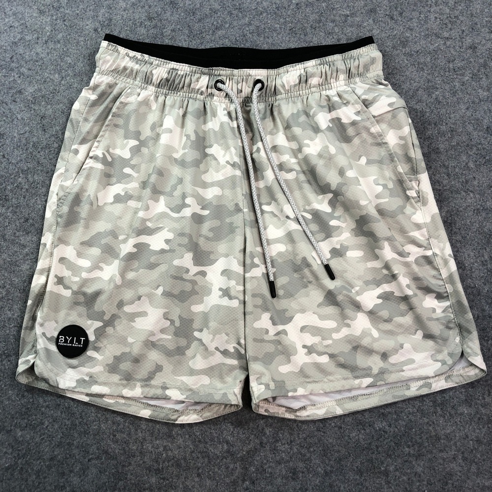 Bylt Linerless Training Shorts Mens M Gray Camouflage Lux Running Gym Drawstring